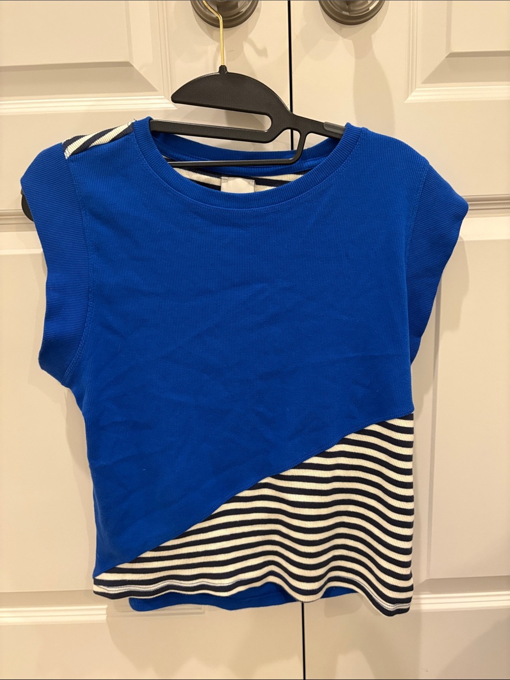 Maeve Royal Blue Short Sleeve Top with Navy & White Stripes